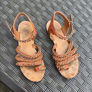 CHANEL Tan Leather Chain Sandals